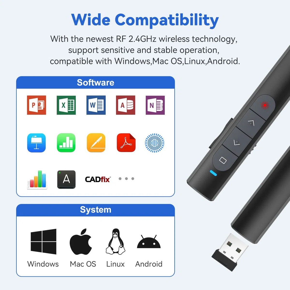 Puntatore Presenter Wireless per Presentazioni, Telecomando Senza Fili PowerPoint a 2.4GHz, Wireless Presenter Penna Clicker per Slide su Computer, adatto a PPT, Prezi - Batterie non incluse