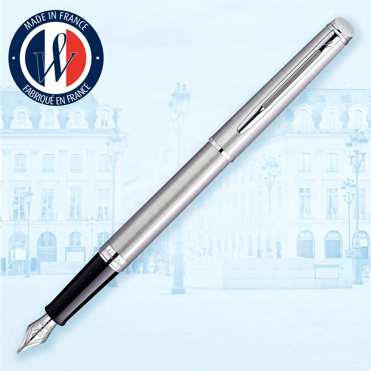 Waterman Hémisphère penna stilografica | in acciaio inossidabile con finiture cromate | pennino sottile con cartuccia di inchiostro blu | confezione regalo