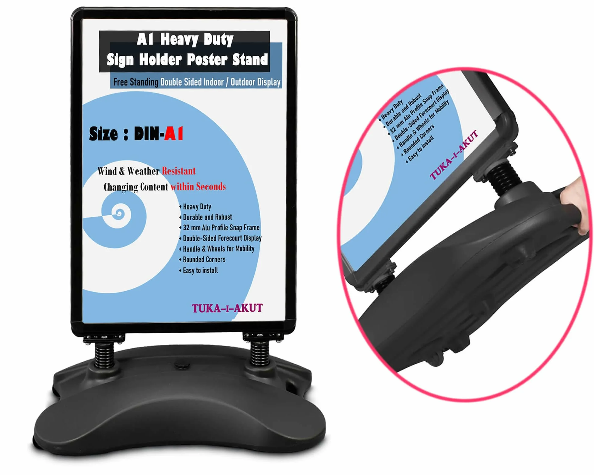 TUKA-i-AKUT A1 Supporto per Poster Bifacciale, Base Resistente con Ruote e Serbatoio, Alluminio Telaio, Cavalletto Espositore Pubblicitario per Una Posizione Sicura Interni ed Esterni, TKD8425 Nero