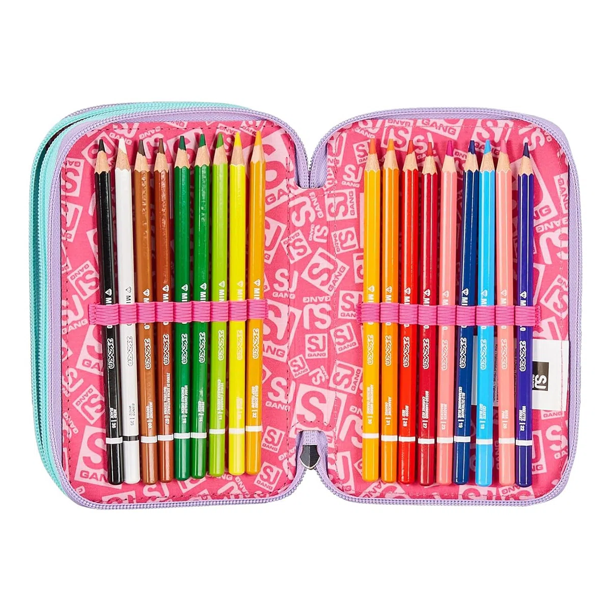 SJ Gang Astuccio Scuola 3 Zip, Rosa, RhythmicSoul, Portapenne Triplo Scomparto Completo Di Penne, Matite, Colori, Accessori Zaino, Elementari, Medie, Bambina