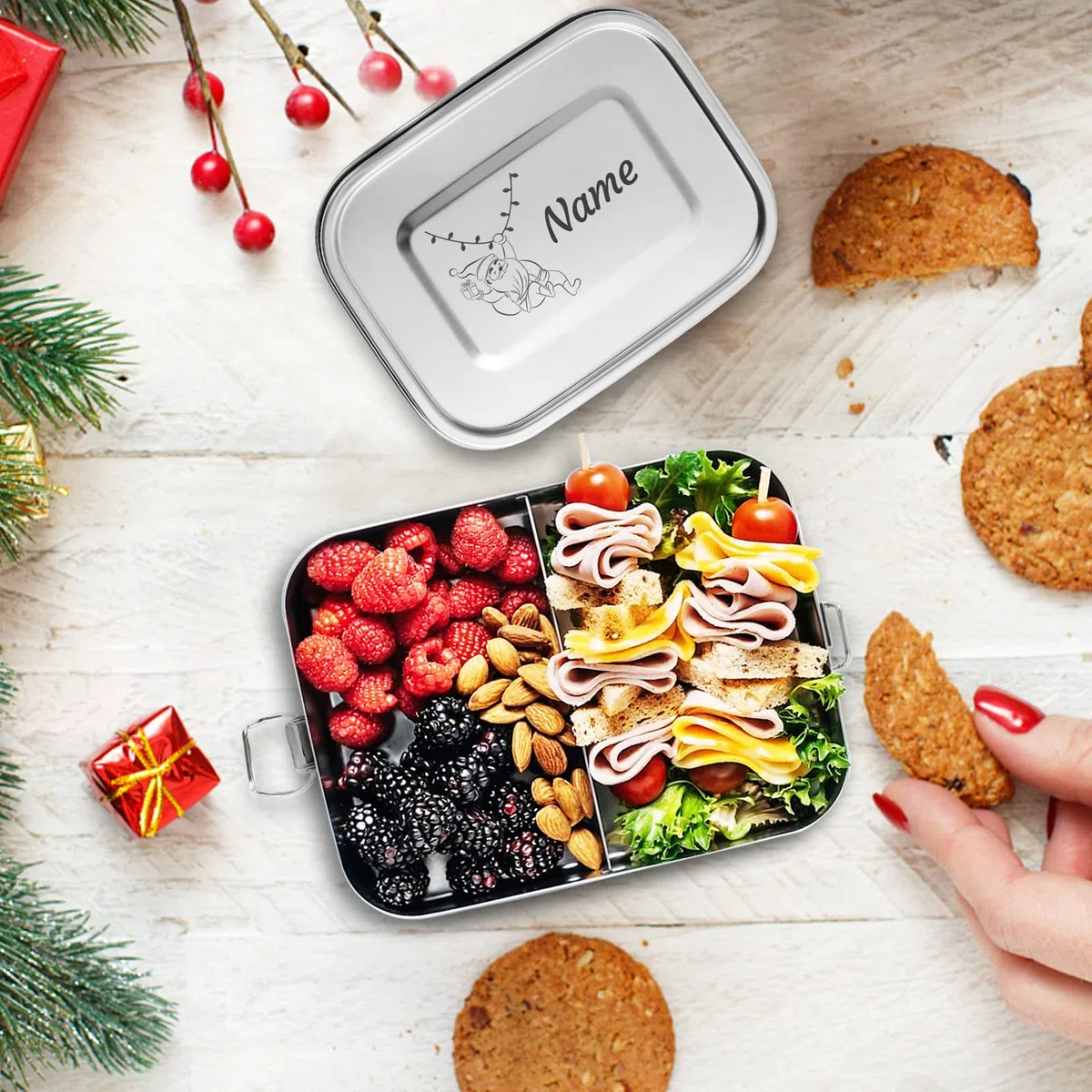 Bento Box in Acciaio Inossidabile, Portamerenda con Nome - Testo di Incisione Personalizzato, Lunch Box per Bambini e Adulti, Contenitore per Il ​Pranzo a Prova ​di Perdite con Divisorio (1200ml)