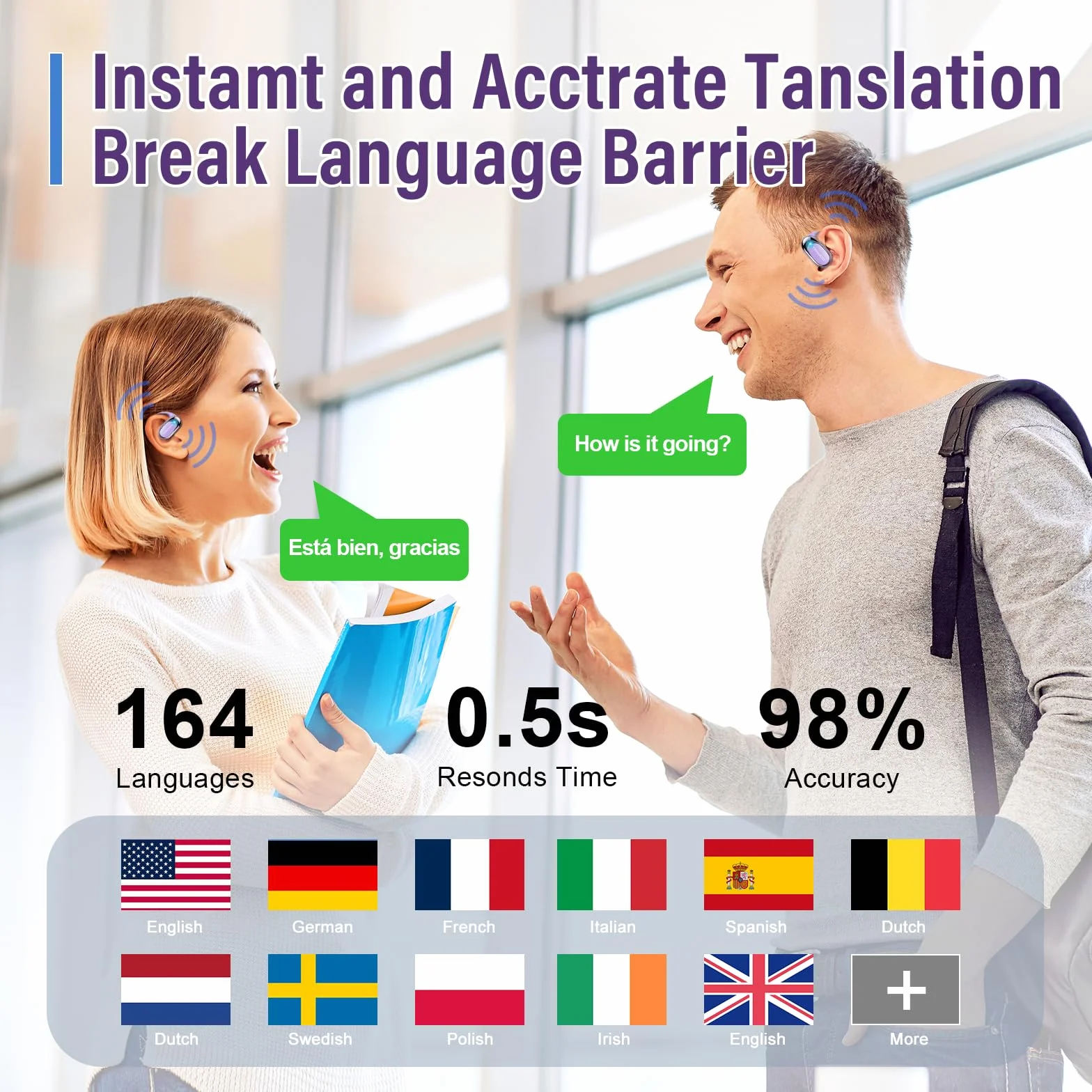 Bluetooth 5.4 Auricolari traduttori in Tempo reale con 164 Lingue, Cuffie Traduttore Simultaneo Vocale con 7 Modalità per Viaggi, Studio, Affari, Viola