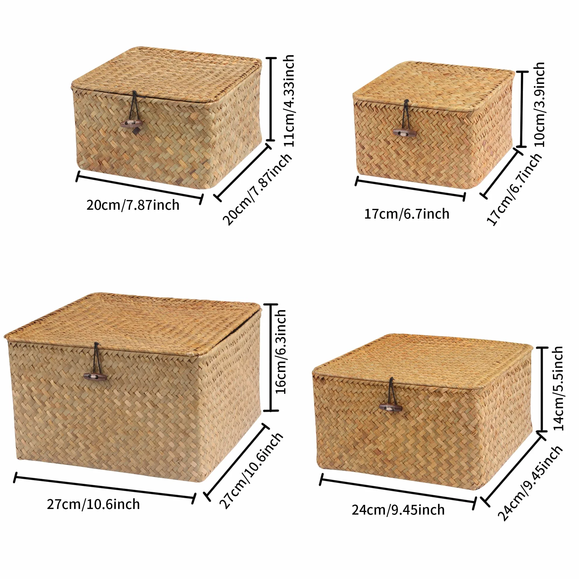 FEILANDUO 4 cestini portaoggetti in vimini con coperchi, cesti intrecciati in alghe marine, per scaffali, scatole impilabili per organizzare cestini in rattan (naturale)