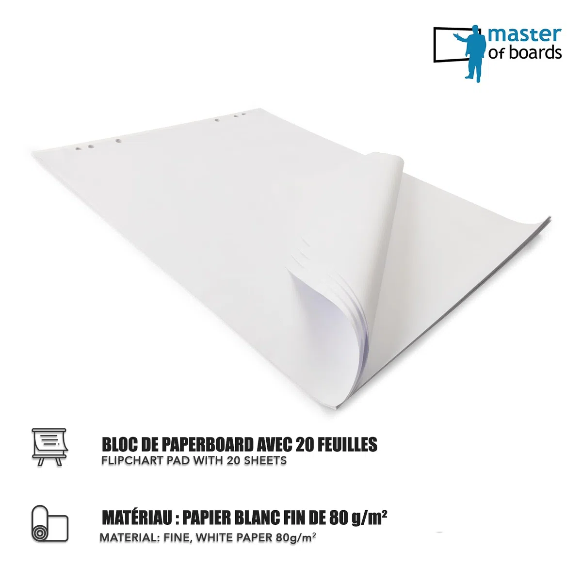 Master of Boards Set di accessori di carta a flipchart – Blocco di carta bianco con 20 fogli, 4 pennarelli, 5 magneti – Dotazione di base per lavagna a fogli mobili per ufficio, scuola o casa