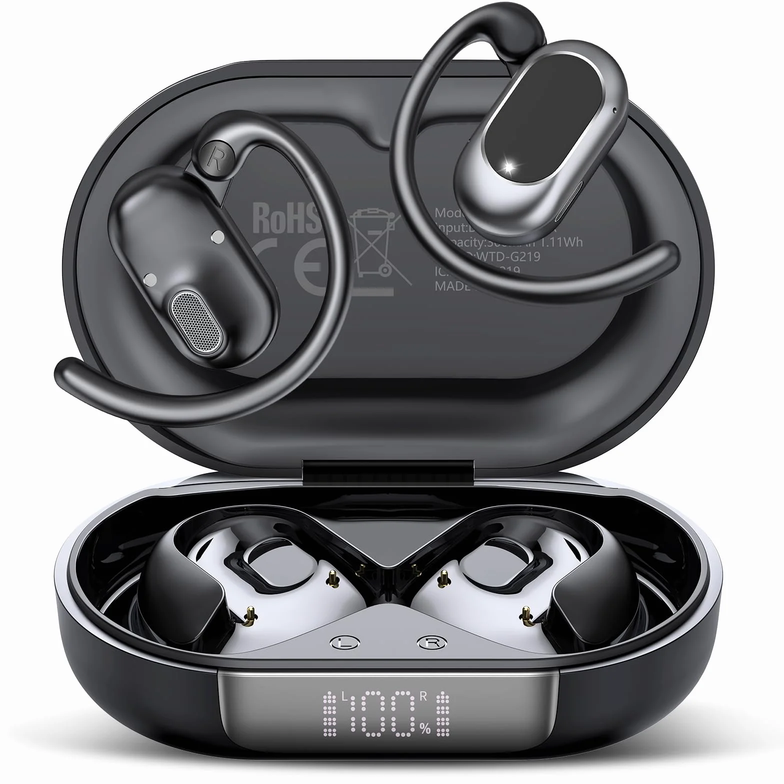 AI Cuffie Traduzione Simultanea, 4-in-1 Auricolari Traduttori Istantanei con 164 Lingue e 7 Modalità, Bluetooth 5.4 Open Ear con ENC, Codice Autorizz Permanente, IPX7 per Viaggi, Studio e Affari, Nero