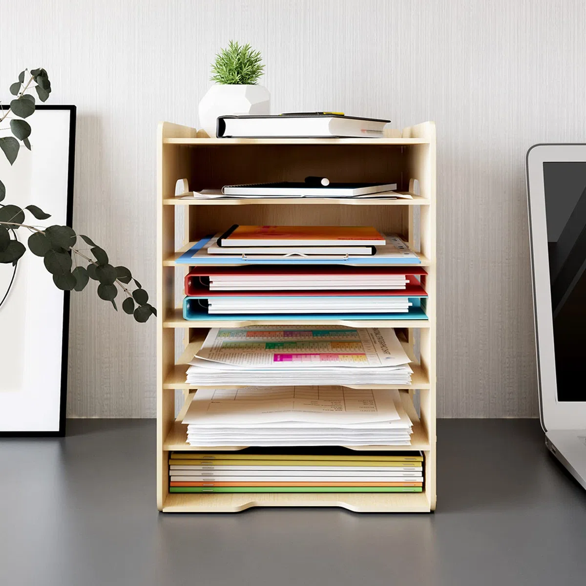 PUNCIA Organizer Scrivania 7 Ripiani in Legno Organizzatore Documenti Armadio Desktop Document Organizer Contenitore Libri Scrivania Scatola Archivio Porta Fogli A4 Porta Documenti per Ufficio Casa