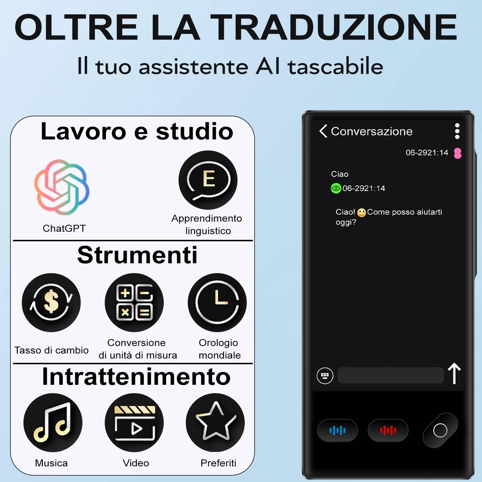 Traduttore Simultaneo Vocale, Traduttore Vocale Istantaneo Multilingue per 148 Lingue Online e 19 Offline (Italiano Offline), Traduzione di Foto Supporta WiFi/Bluetooth con Batteria da 1500 mAh