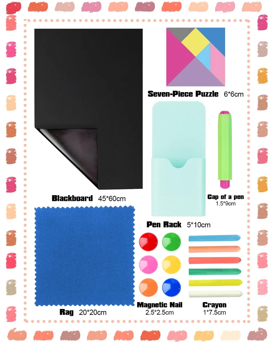Foglio di Lavagna Nero Adesivo, 45 x 60 cm, pellicola autoadesiva per lavagna, lavagna cancellabile, 6 gessi senza polvere, 6 magneti, panno, tangram, supporto per gessi, supporto magnetico per