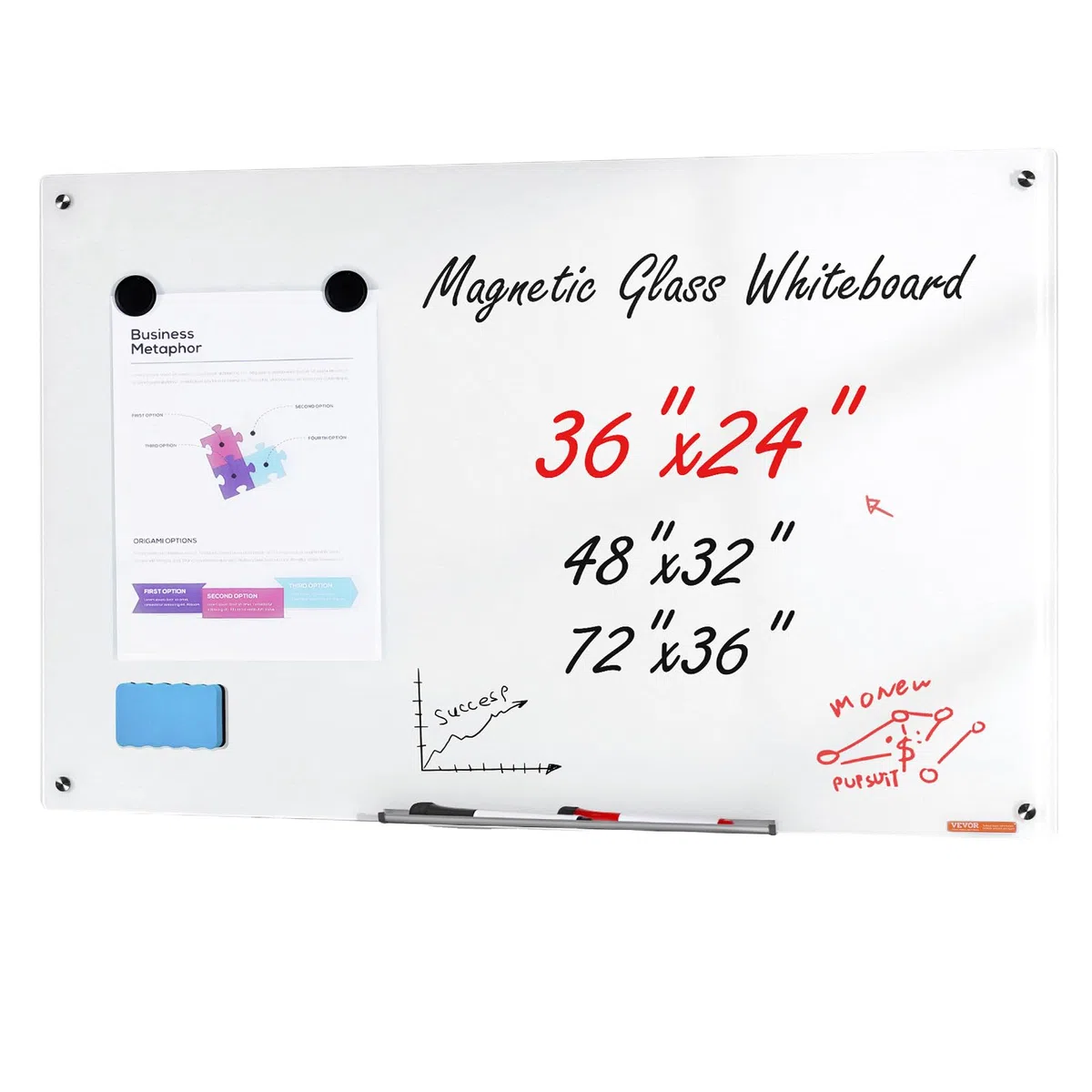 VEVOR Lavagna magnetica in vetro cancellabile a secco 90 x 60 cm, Lavagna per promemoria da parete, Vassoio per pennarelli, per Ufficio scuola ristorante casa