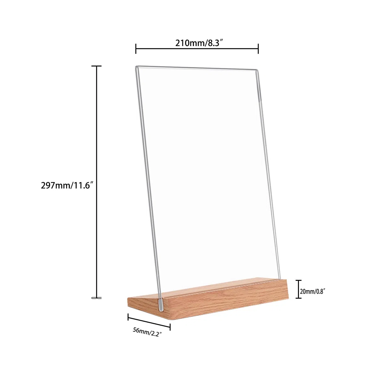 3 pezzi Espositori A4 con base in legno, in acrilico per poster, volantini, menù, supporto a L per espositori pubblicitari, ristorante, bancone (A4 Vertikal-Klar)