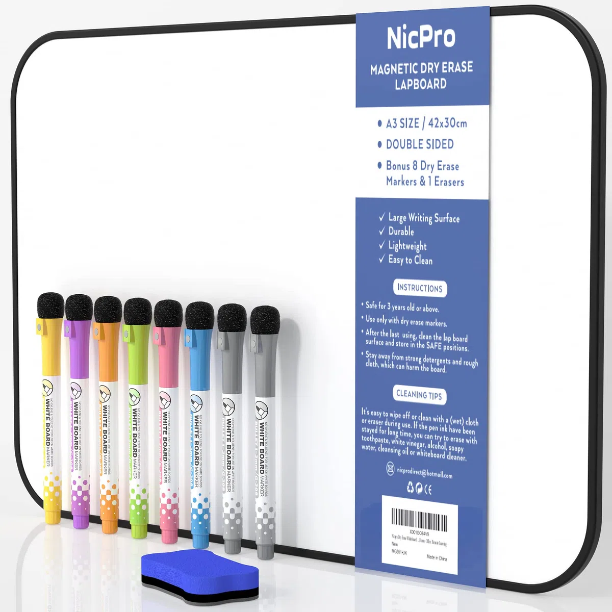 Nicpro A3 Magnetiche Lavagna Cancellabile, 30x 42 cm Piccola Spesso Lavagna Bianche Cornice Nero Con 8 Colorata Pennarello, 1 Gomma a Secco Per Disegno, Scuola, Casa, Ufficio - Doppia Faccia