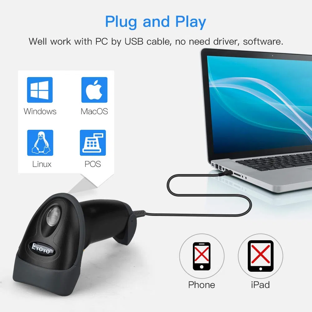 Eyoyo lettore di codici a barre 2D, Handheld Wired QR Barcode Scanner QR PDF417 Data Matrix Barcode Reader with USB Cable for PC Mac per Mobile Payment, Convenience Store