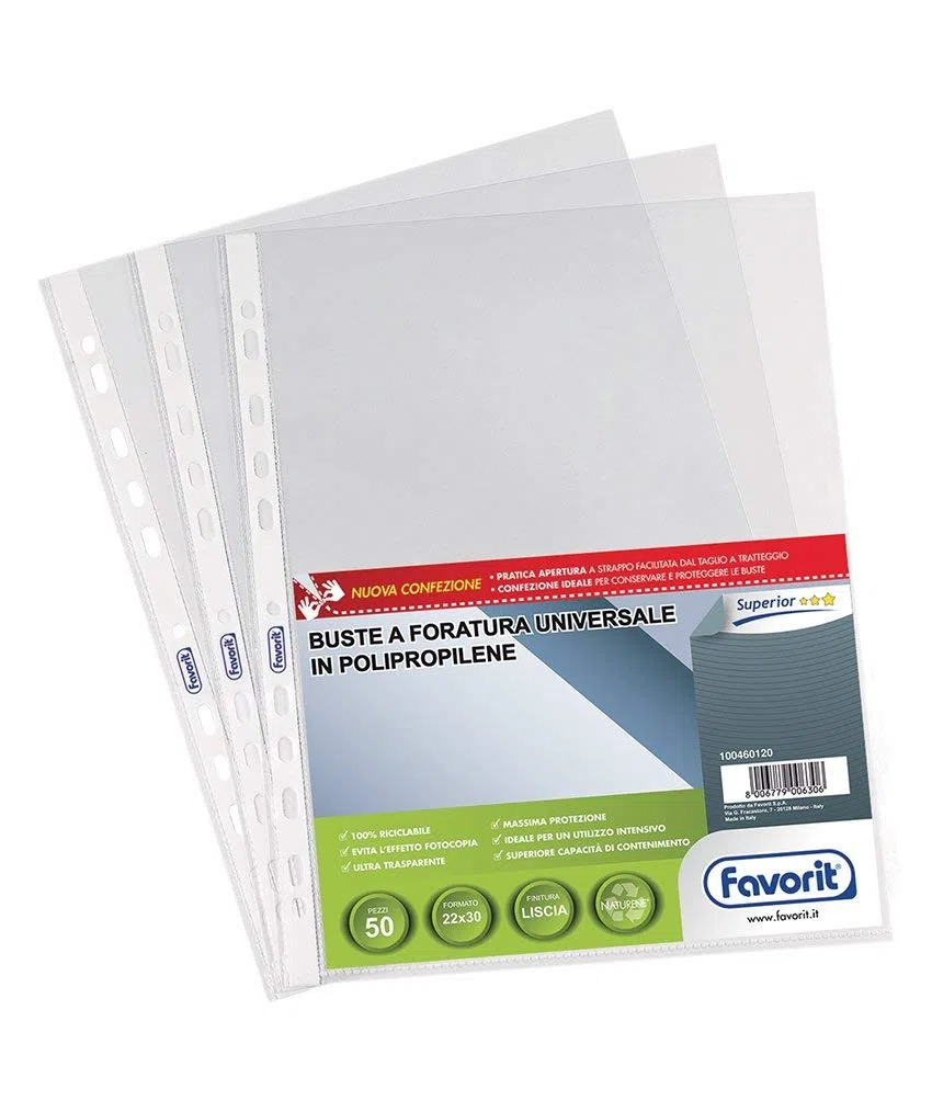 500 BUSTE A FORATURA UNIVERSALE SUPERIOR POLIPROPILENE 22x30 CM TRASPARENTE