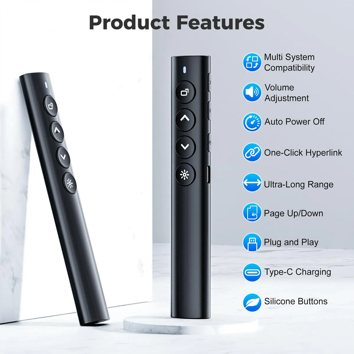 Telecomando di presentazione senza fili – Puntatore ricaricabile in lega di alluminio con luce rossa, ricevitore USB, controllo volume, collegamenti e diapositive, per Windows e Mac, nero