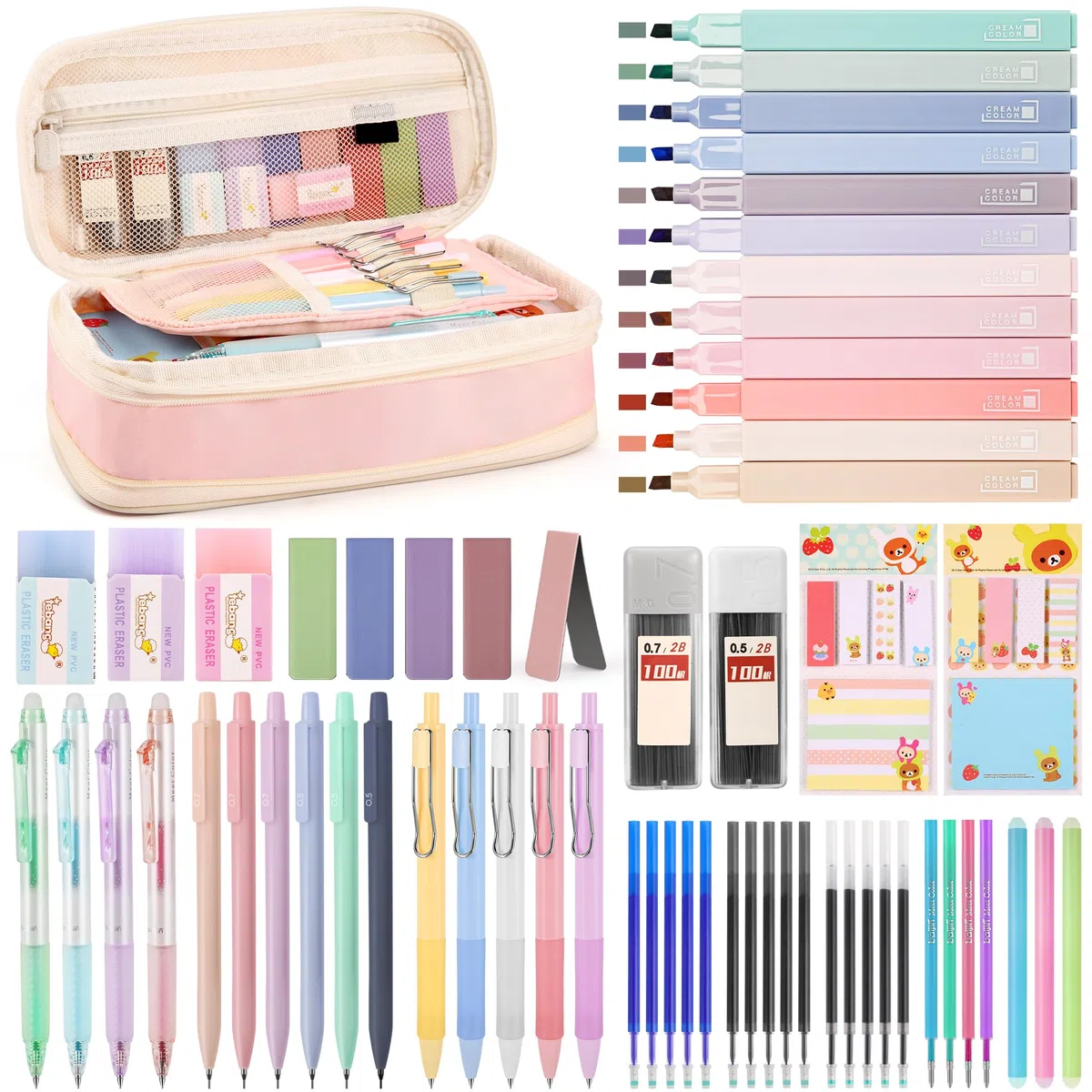 DazSpirit 62 Pezzi Set Cancelleria Estetico con Astuccio Pieghevole, 12 Evidenziatori Pastello, 4 Penne Cancellabili, 5 Penne Gel, 6 Portamine, Forniture Scolastiche per Ragazze e Adolescenti (Rosa)