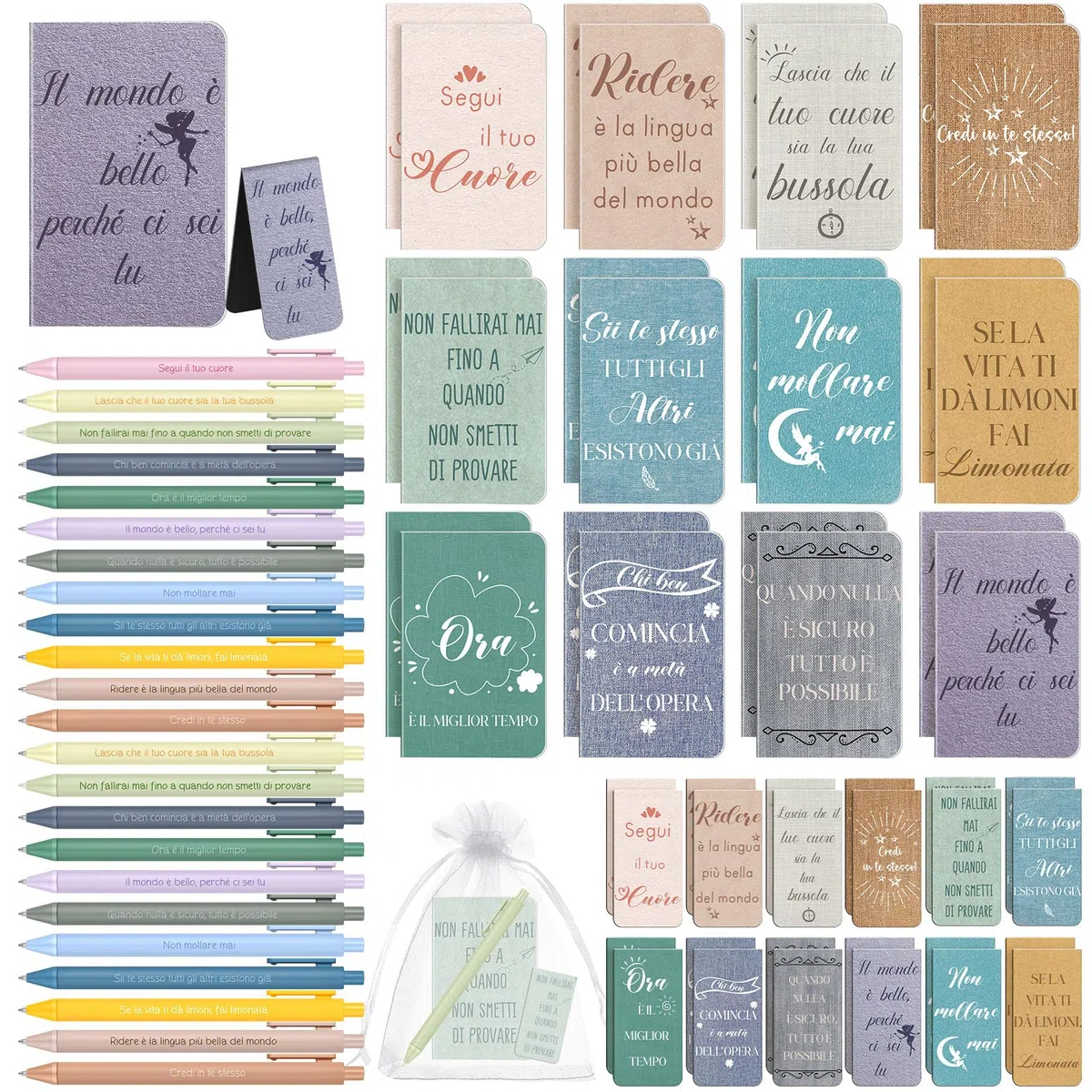Nezyo 24 Set Regali Motivazionali Includi 24 Taccuini Motivazionali 24 Penne con Frasi in Italiano 24 Segnalibri Magnetic Portafortuna per Alunni Regali di Natale per Colleghi Amici(Colori retrò)