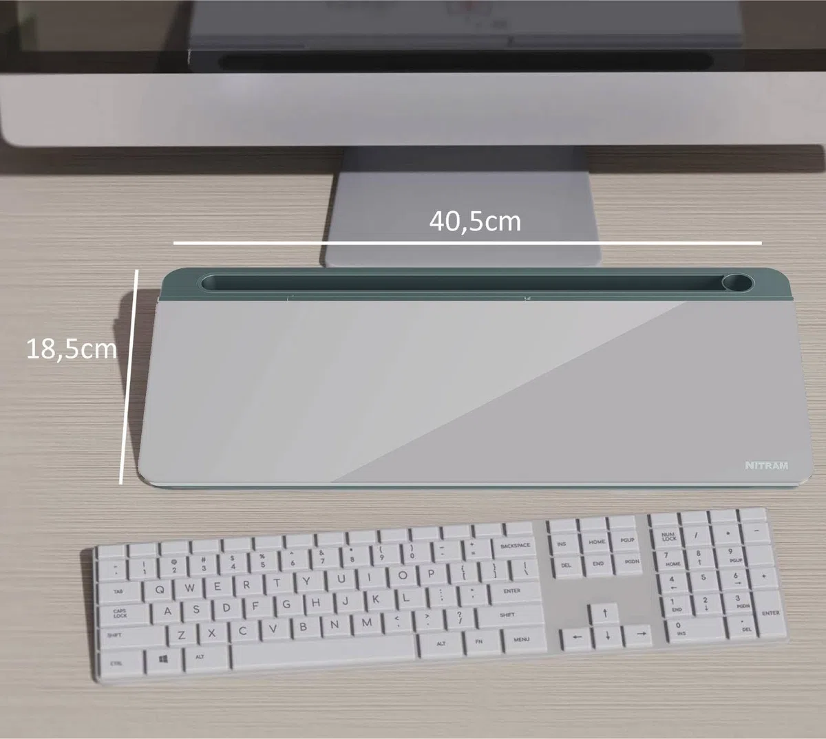 NITRAM Lavagna da scrivania o ufficio in vetro con cassetto portaoggetti e scomparto per accessori Dimensioni: 40,5 x 18,5 x 6 cm con cancellino.e 2 pennarelli (Grigio)
