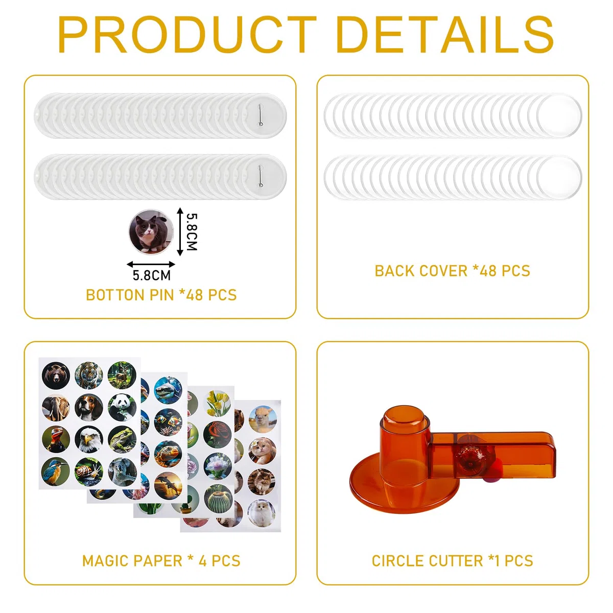 98 pezzi Button Maker Badge Machine, 55 mm distintivo fai da te con 48 carta per motivi e 48 distintivi, 1 taglierina circolare, regali per bambini per feste, regali fai da te