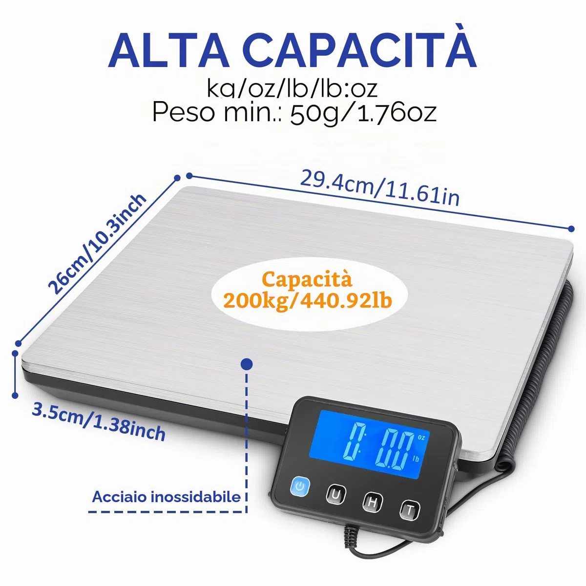 Bilancia Pesa Pacchi, 50g-200kg Bilancia Postale, Bilancia Digitale con Hold e Funzione Tara per Affari Bagagli Ufficio, Piattaforma in Acciaio Inossidabile, Display LCD Esterno