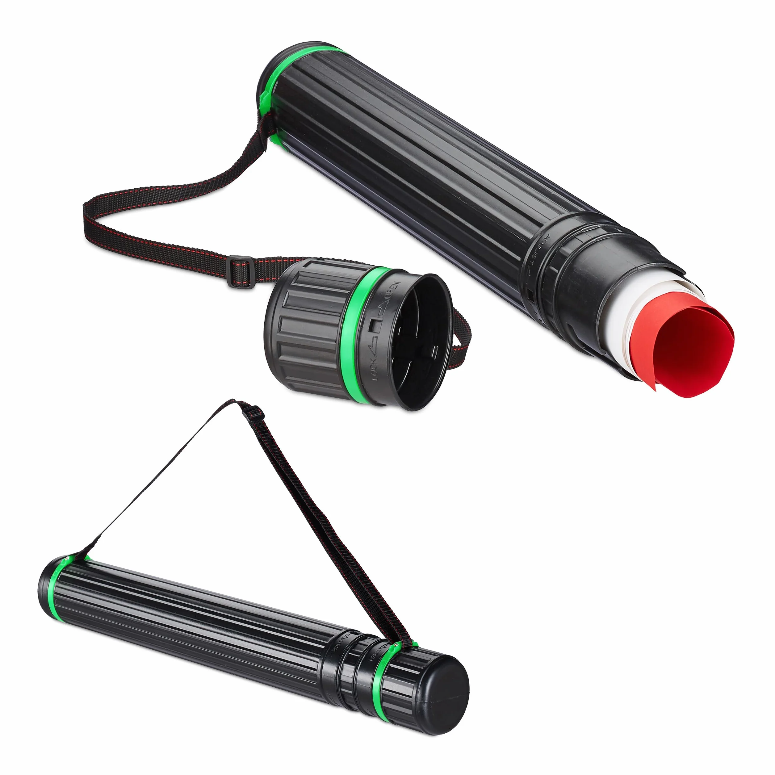 Relaxdays Tubo Portadisegni, Set da 2, Formato Max. A0, Cintura Regolabile Tappo a Vite, 64-107 cm, Plastica, Nero Verde