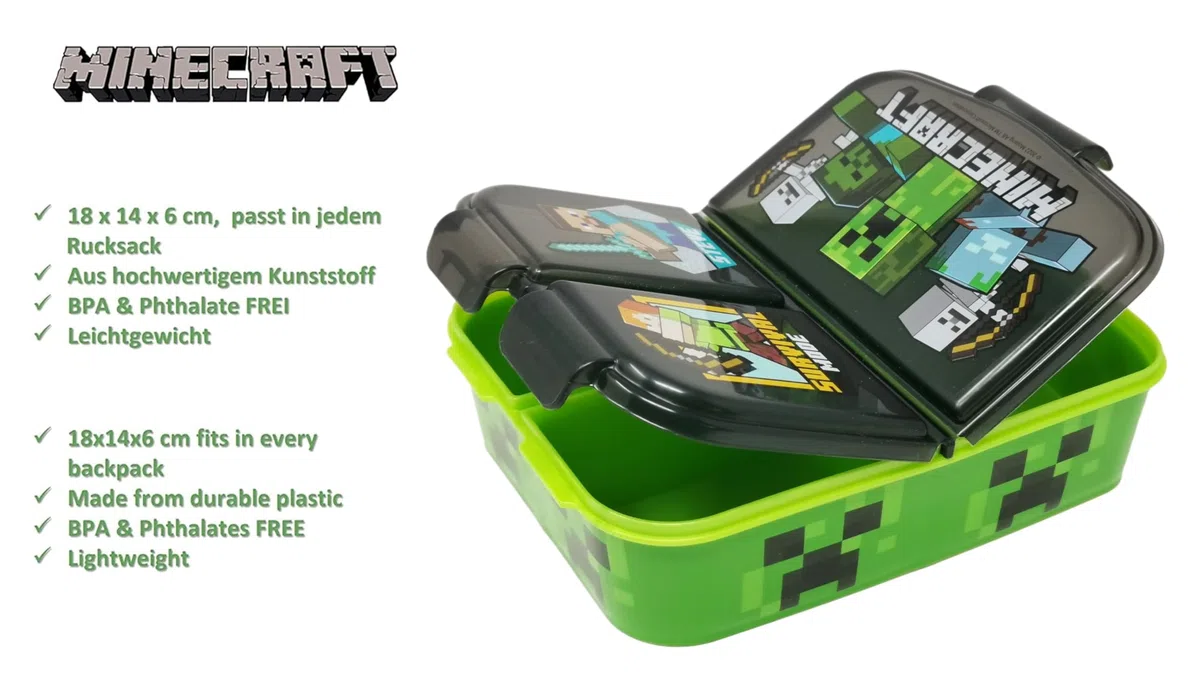 Theonoi Minecraft Creeper - Contenitore per il pranzo per bambini, con scomparti e borraccia, in acciaio (nero)