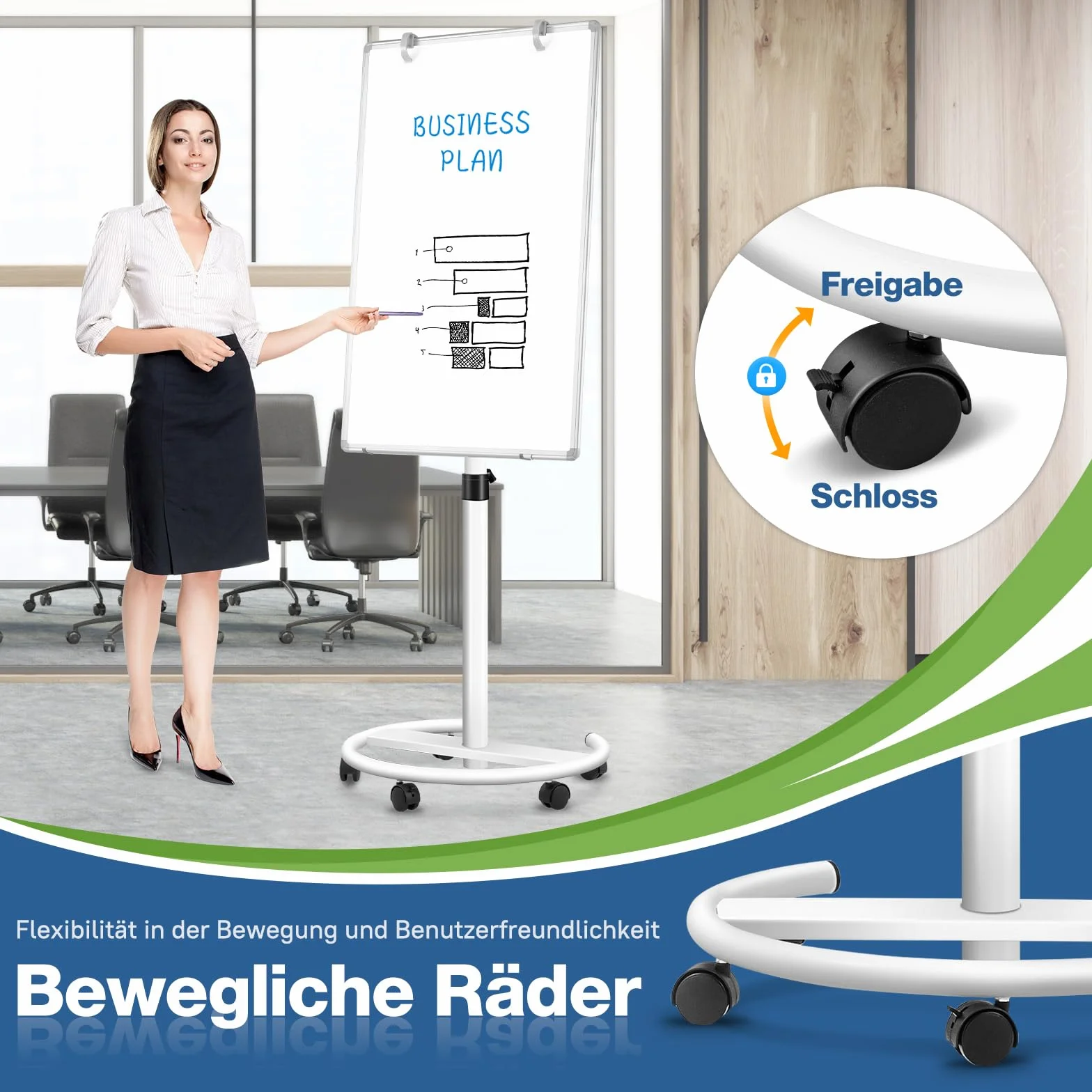Lavagna bianca mobile, 70 x 100 cm, lavagna magnetica con supporto, lavagna a fogli mobili regolabile in altezza, Dry Erase Standing White Board per ufficio, lezioni