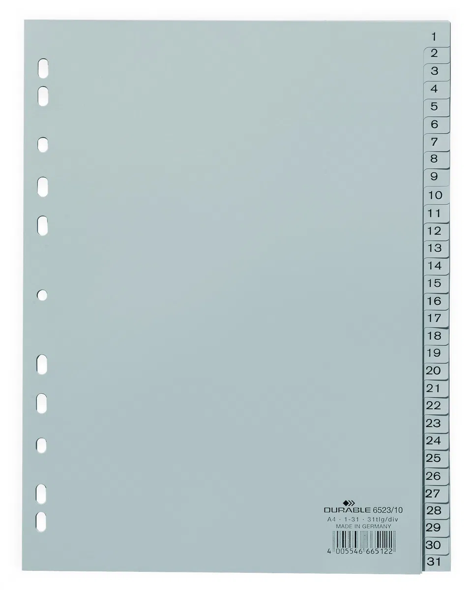 Durable 652310 - Divisorio con tasti prestampati 1-31, 10 Pezzi,f.to A4 verticale, 31 tasti, foratura universale, grigio