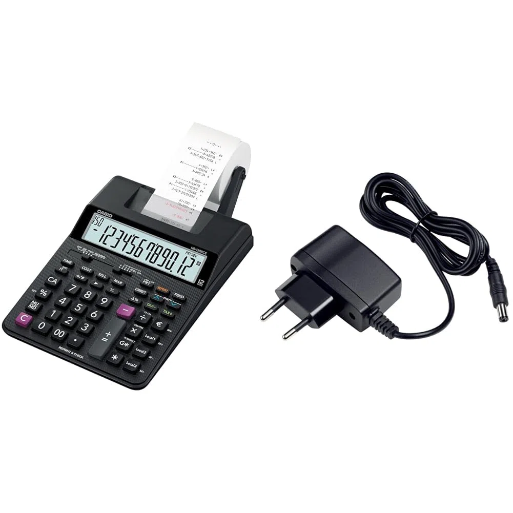 Casio Hr-150Rce - Calculadora Impresora, 6.5 X 16.5 X 29.5 Cm, Color Negro & Ada-60024 Adattatore E Invertitore Interno Nero