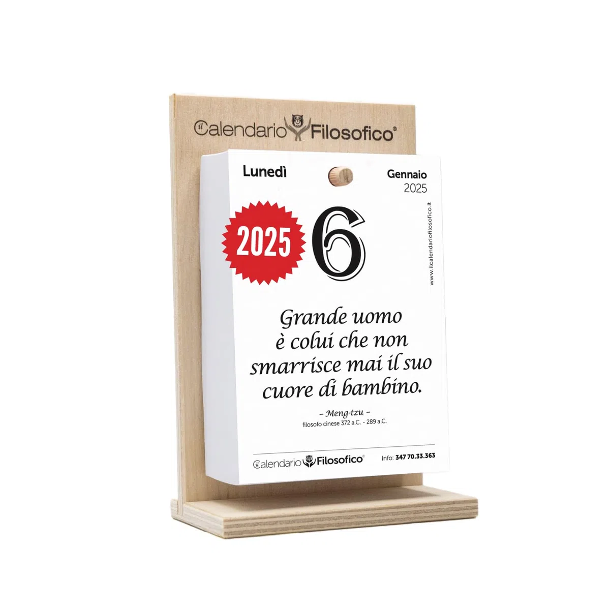 Il Calendario Filosofico 2025 con Supporto in Legno, Formato A6 10x14 cm, Il Primo e L'Originale Calendario da Tavolo con 365 Giorni di Frasi Filosofiche, Leggi Ogni Giorno Una Frase, Creato a Bologna