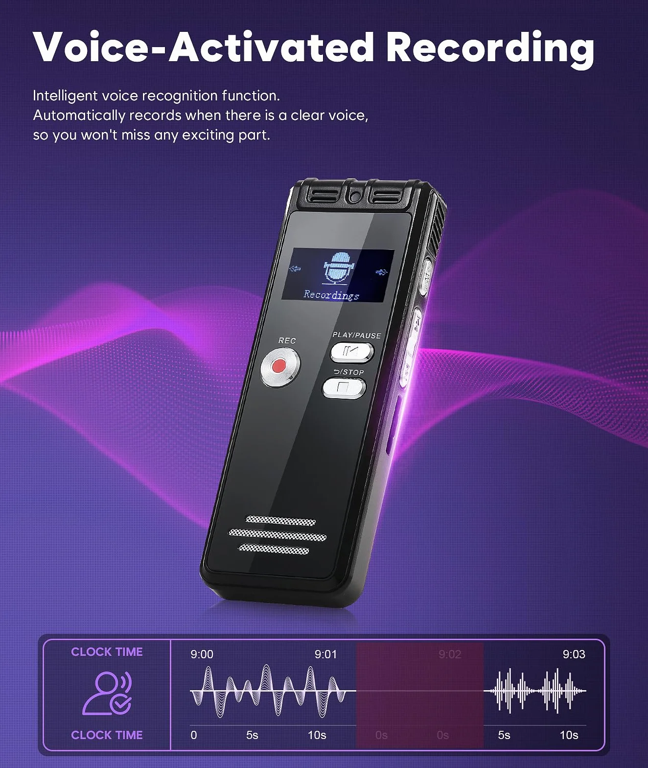 Registratore vocale con Playback 64 GB – 1536 Kpbs, dispositivo di registrazione audio one-touch con cancellazione del rumore per interviste/classi/riunioni