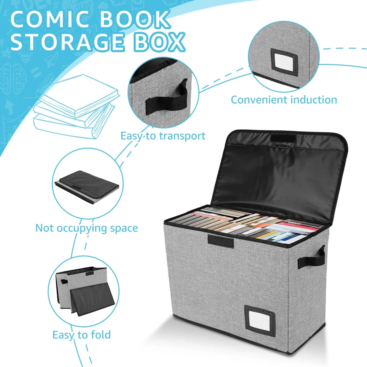 Comic - Contenitore per libri, 40 x 20 x 30 cm, può contenere fino a 150 – 180 libri, ultra robusto, pieghevole, con coperchio con 2 manici, con scomparto per etichette fai da te, per libri dei