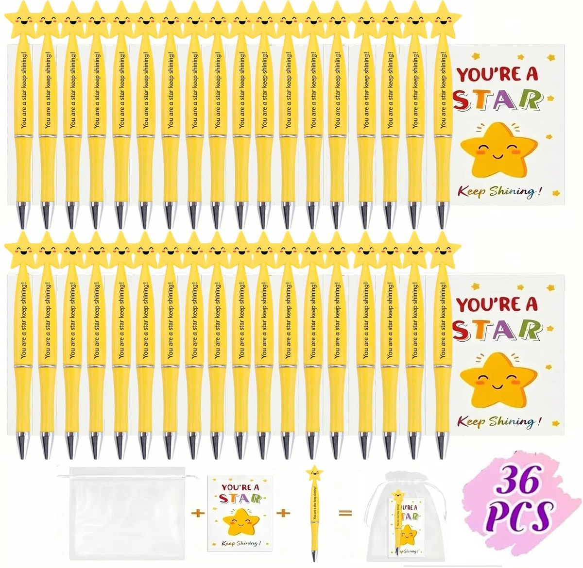 Regali di Fine Anno per Bambini, Confezione da 36 Regali di Fine Anno per 30 Bambini, Penne/Carte Motivazionali per Alunni/Borse Regalo per Lasciapassare Scolastici Regalo per Studenti Dagli