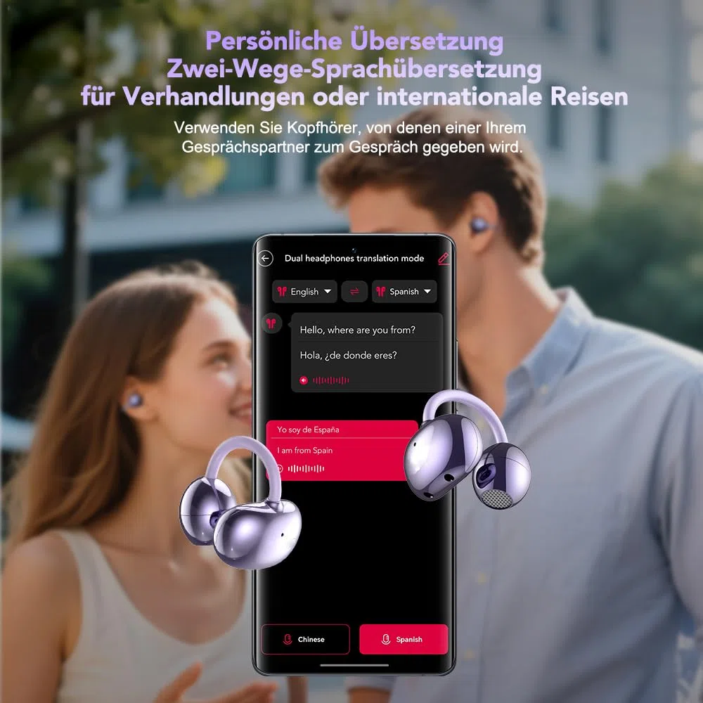 AI - Traduttore per cuffie NE32, in tempo reale, 136 lingue con app, cuffie Bluetooth senza fili, 3 in 1,40H, per iOS e Android, apprendimento, da viaggio viola