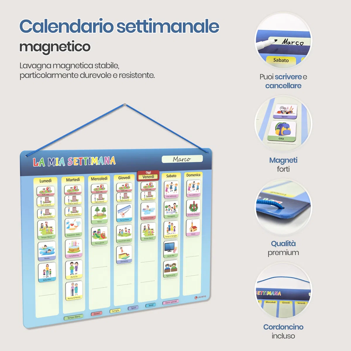 LIKARTO Calendario settimanale per bambini - Lavagna magnetica da parete Montessori con 198 magneti e cordoncino - completamente scrivibile e cancellabile - Promuovere l'indipendenza