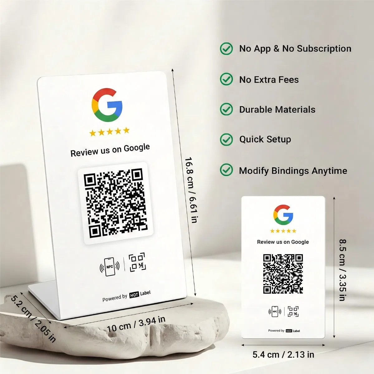 HotLabel Review Stand 1-Pack + Bonus Review Tap Card 1-Pack - White - NFC Tap & QR Code - For Business Review - Supports 2 Different Stores or Same - No App/Subscription