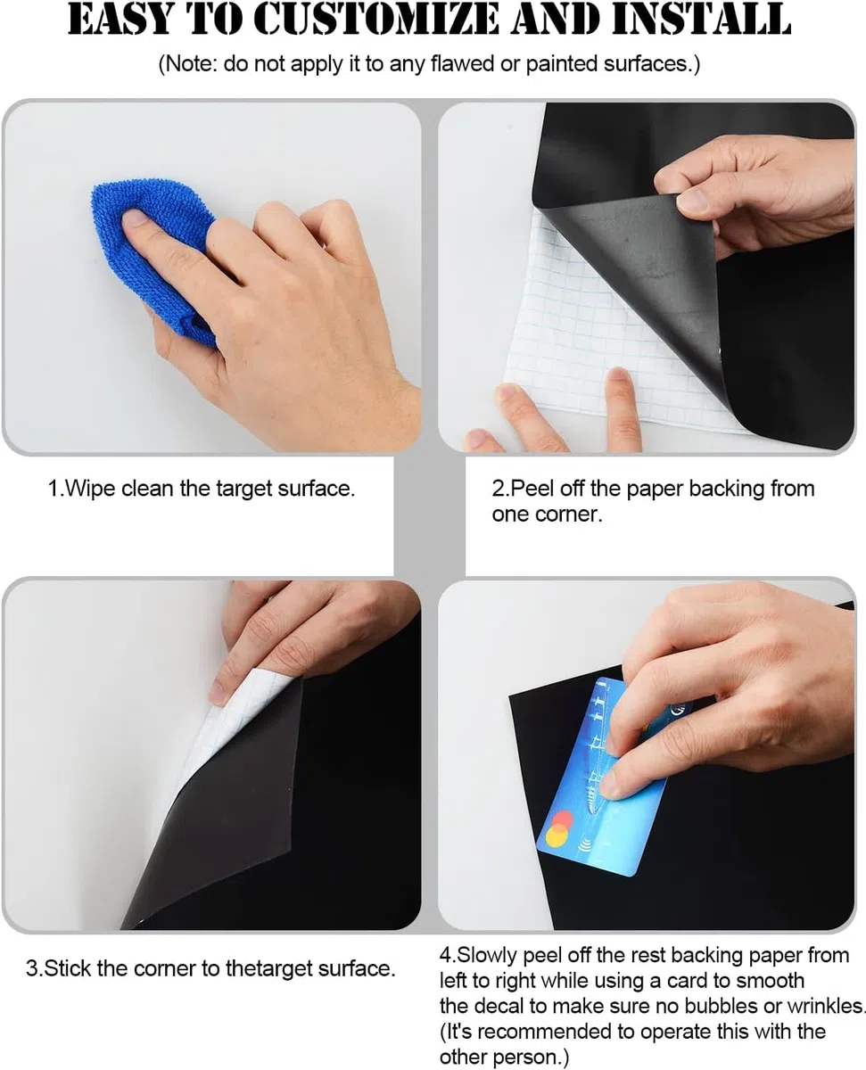 Foglio di Lavagna Nero Adesivo, 45 x 60 cm, pellicola autoadesiva per lavagna, lavagna cancellabile, 6 gessi senza polvere, 6 magneti, panno, tangram, supporto per gessi, supporto magnetico per