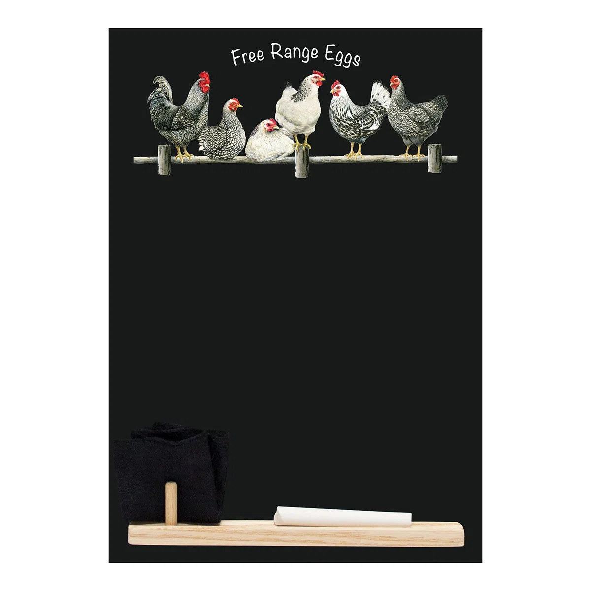 Chalkboards Uk Small Lavagnetta Da Cucina Con Stampato Free Range Eggs Design, Vassoio Plus, Pezzo Di Gesso E Cancellino In Feltro From Booth Design Range, Legno, Nero, 297 x 207 x 1 cm