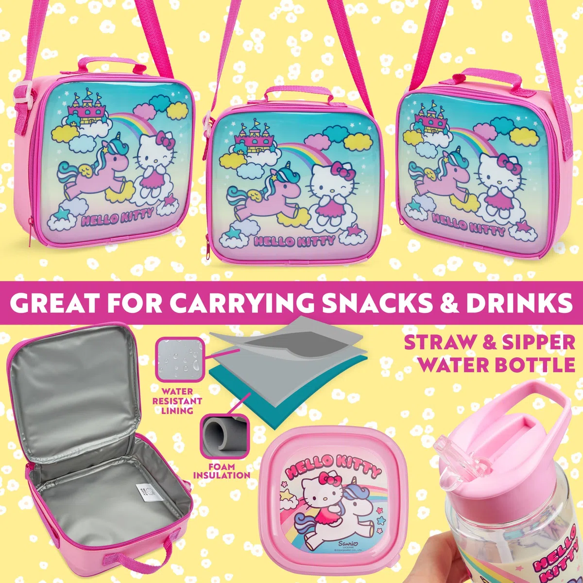 Get Trend Hello Kitty Borsa Porta Pranzo Bambini Set 3 Pz con Senza BPA Porta Merenda 400ml Borraccia Borsa Termica Viaggio Picnic Scuola (Hello Kitty)