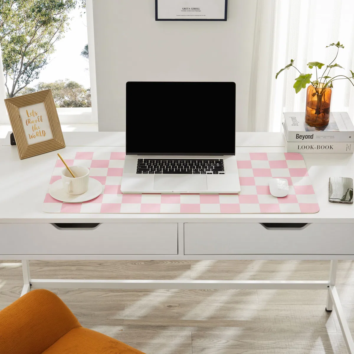 Ohocut Tappetino da scrivania a scacchi, grande, carino estetico retrò, in pelle PU, per computer portatile, antiscivolo, impermeabile, per scrivania per lavoro/casa (rosa, 80 x 40 cm)
