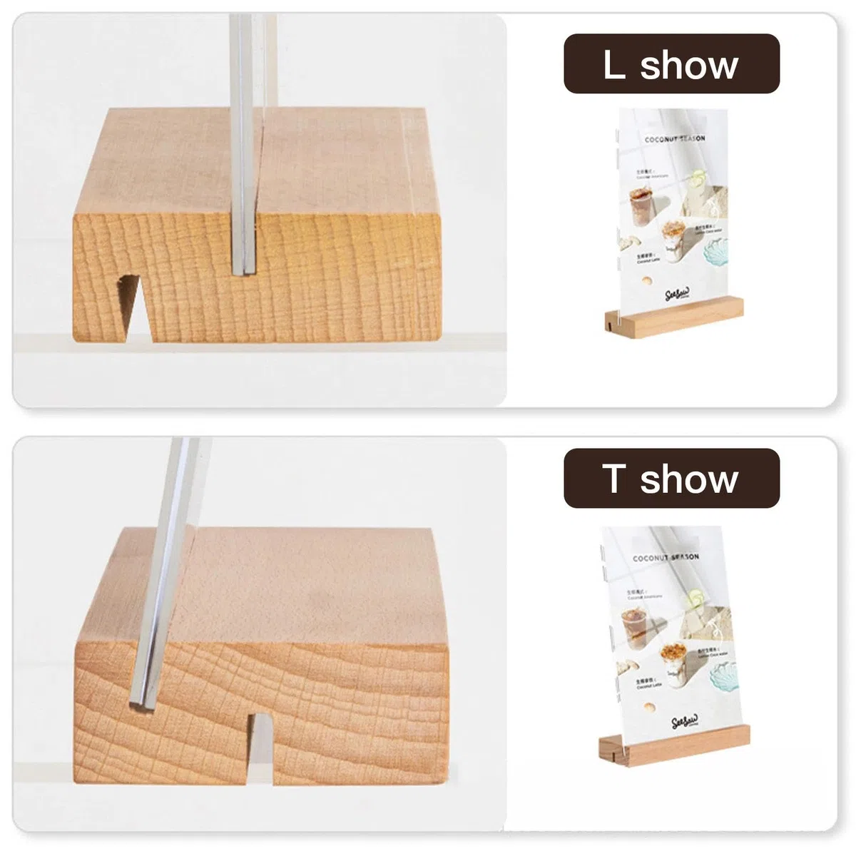 3 Pezzi Espositori da Tavolo A4 Supporto per Cartelli A4 in Acrilico Legno t Forma Porta Cartelli in Acrilico con Base in Legno per Ufficio, Ristorante (29,7x21cm)