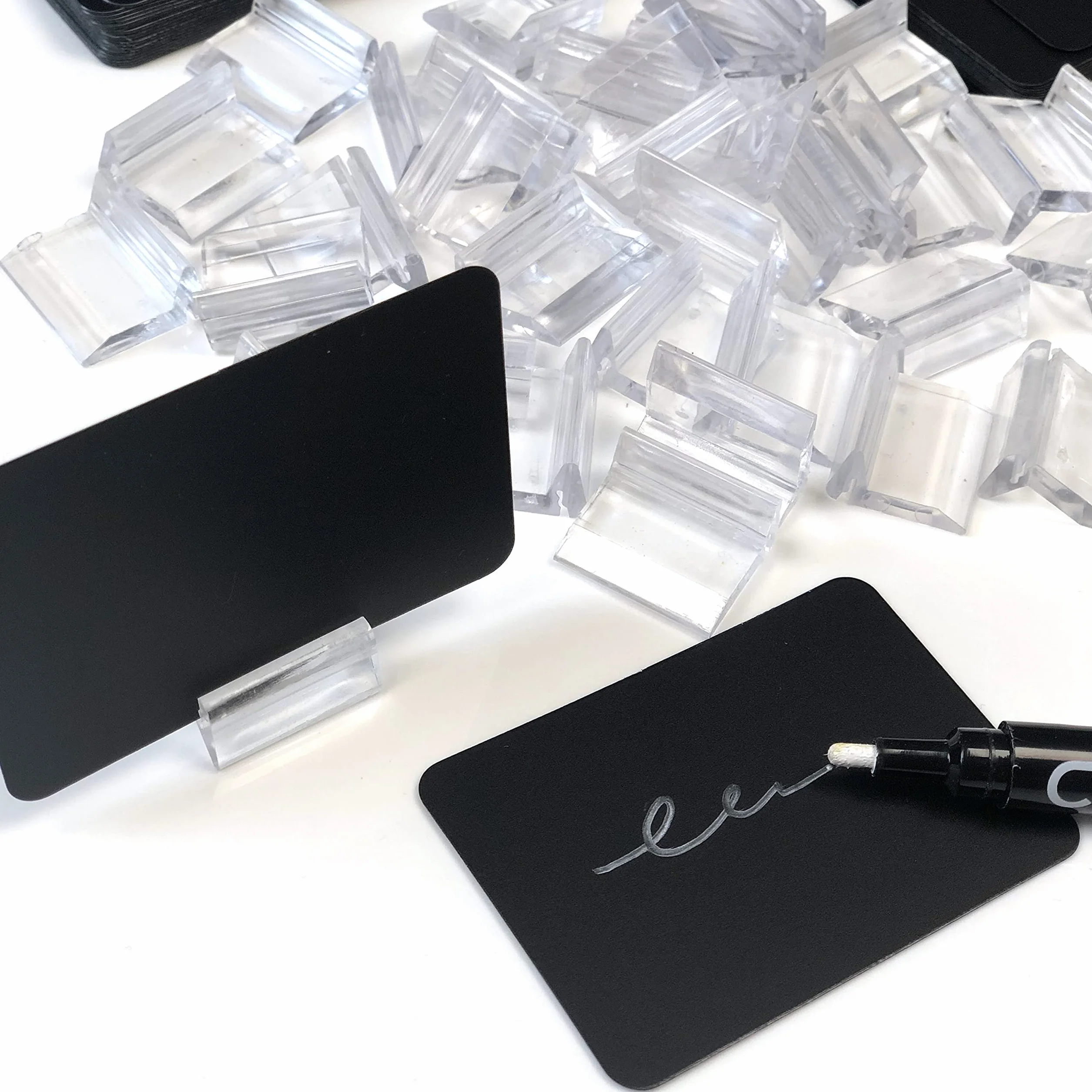 Confezione da 40 lavagne sintetiche riutilizzabili + 40 eleganti basi da 25 mm + pennarello a gesso liquido, Lavagna sintetica portaprezzi, Lavagne portaprezzi, Mini lavagne portaprezzi
