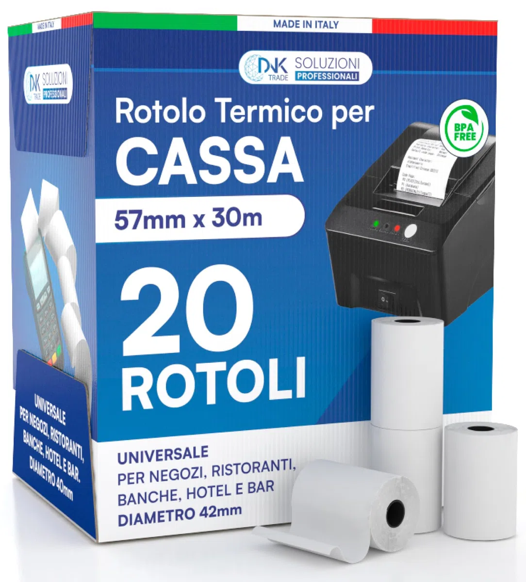 Rotoli Termici per Registratori di Cassa - 20 Rotolini di Carta Termica Omologata 57mm x 30m Universale di Alta Qualità con Diametro 42mm Senza BPA - Compatibili con Nexi Axerve Ingenico