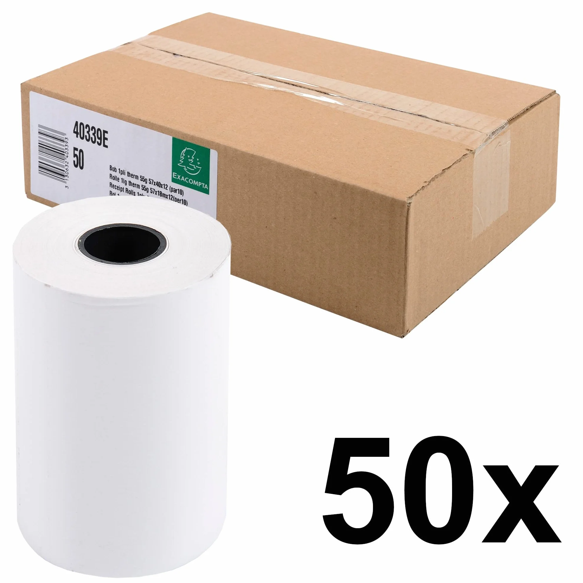 Exacompta 40339E - Scatola da 50 bobine per biglietti di carte di credito 57x40 mm, 1 piega termica 55g / m2 senza BPA, Lunghezza (+ o - 2 m): 18 m