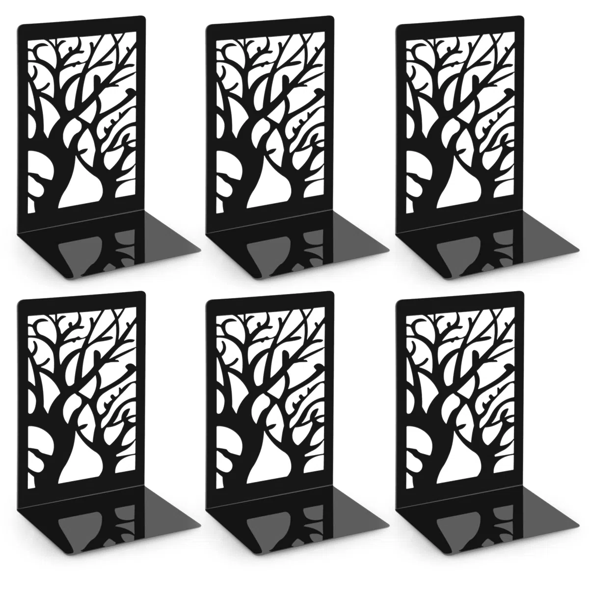 6 Pezzi Fermalibri per Mensole, Reggilibri in Metallo Nero Reggi Libri per Libreria di Design a Forma di Albero per Casa, Ufficio, Biblioteca, Scuola, Studenti Regalo - Nero