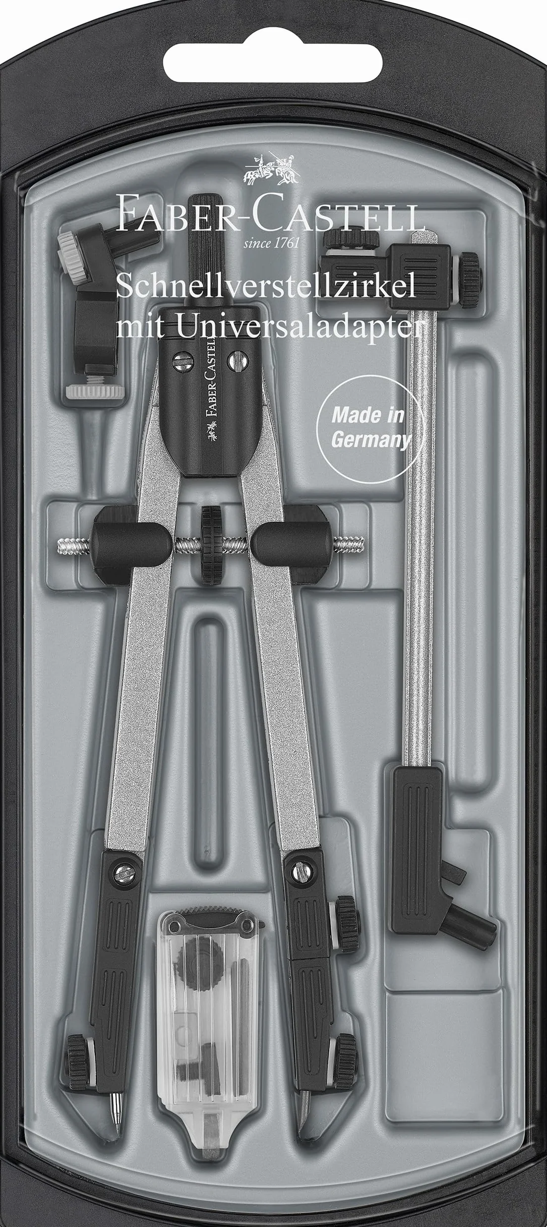 Faber-Castell 174045 - Compasso a Regolazione Rapida con Adattatore Universale + Allungabile e Accessori