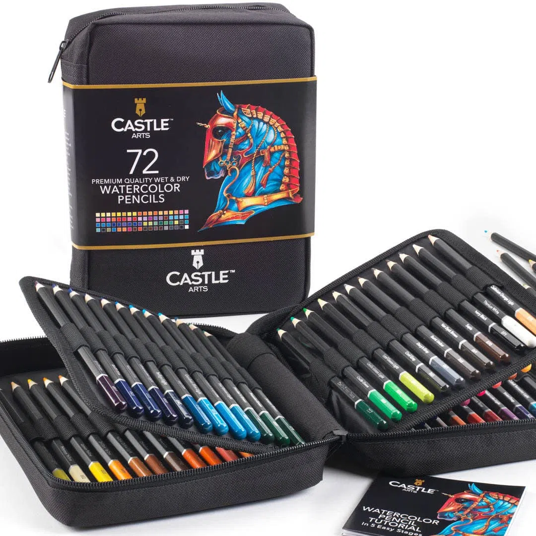 Castle Art Supplies Set 72 Matite Acquerellabili in Custodia Cernierata | Pigmenti Vibranti per Mescolanze, Disegni e Dipinti | Per Professionisti e Hobbisti Adulti | In Custodia da Viaggio in Tessuto