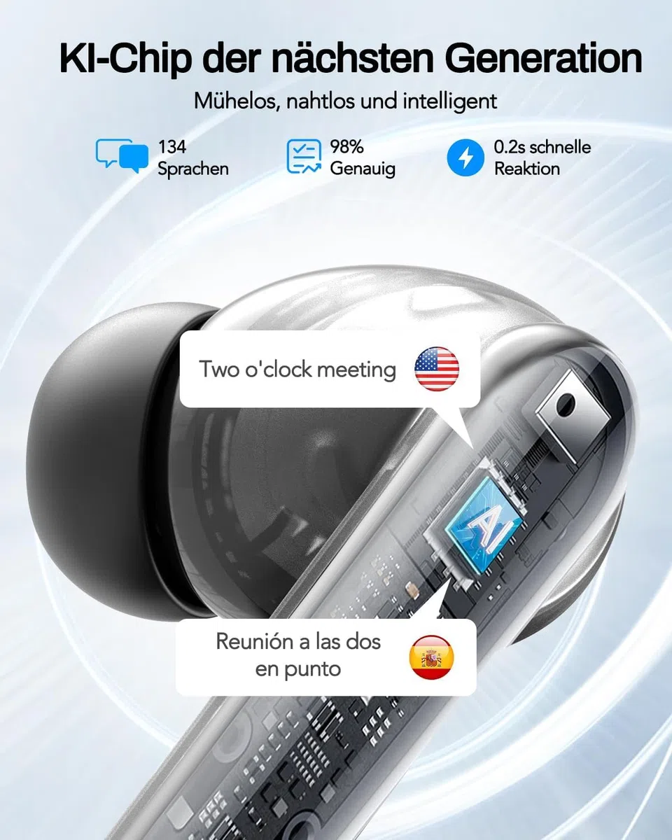 Traduttore auricolare AI, traduttore vocale 3 in 1, cuffie 134 lingue con app, 5 modalità di traduzione in tempo reale, auricolari traduttori, 60H Bluetooth 5.4 Translator Earbuds per apprendimento
