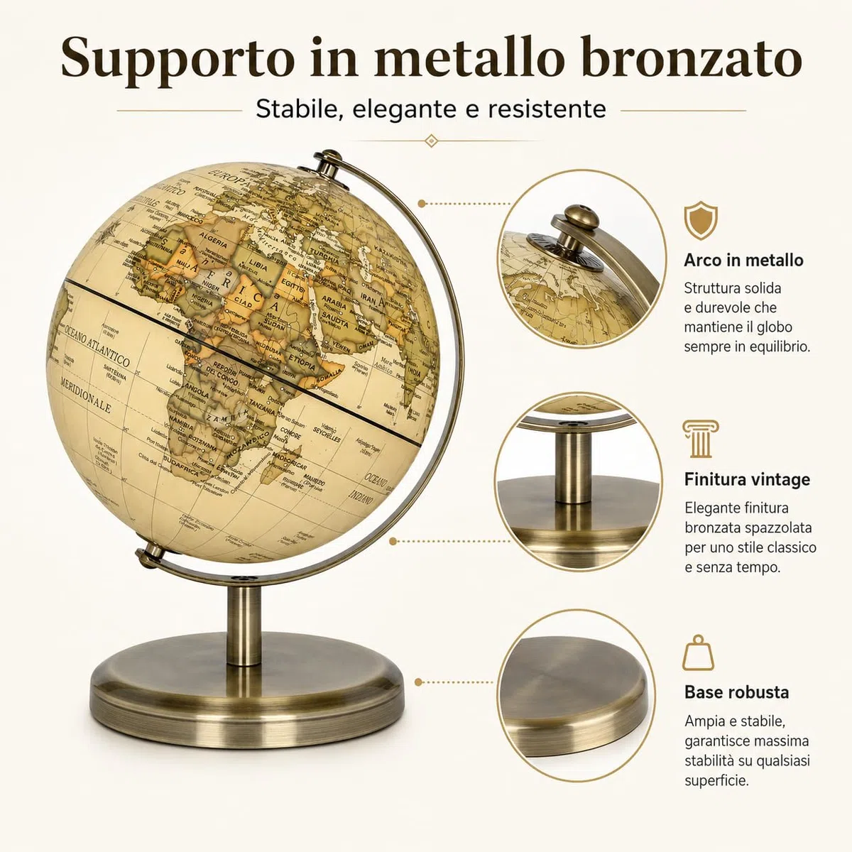 Exerz Mappamondo Antico 14cm Mappa Italiana Supporto Metallo Bronzo | Compatto per scrivania studio e libreria con finitura ideale per bambini adulti casa ufficio e regali Globo Terrestre Antico