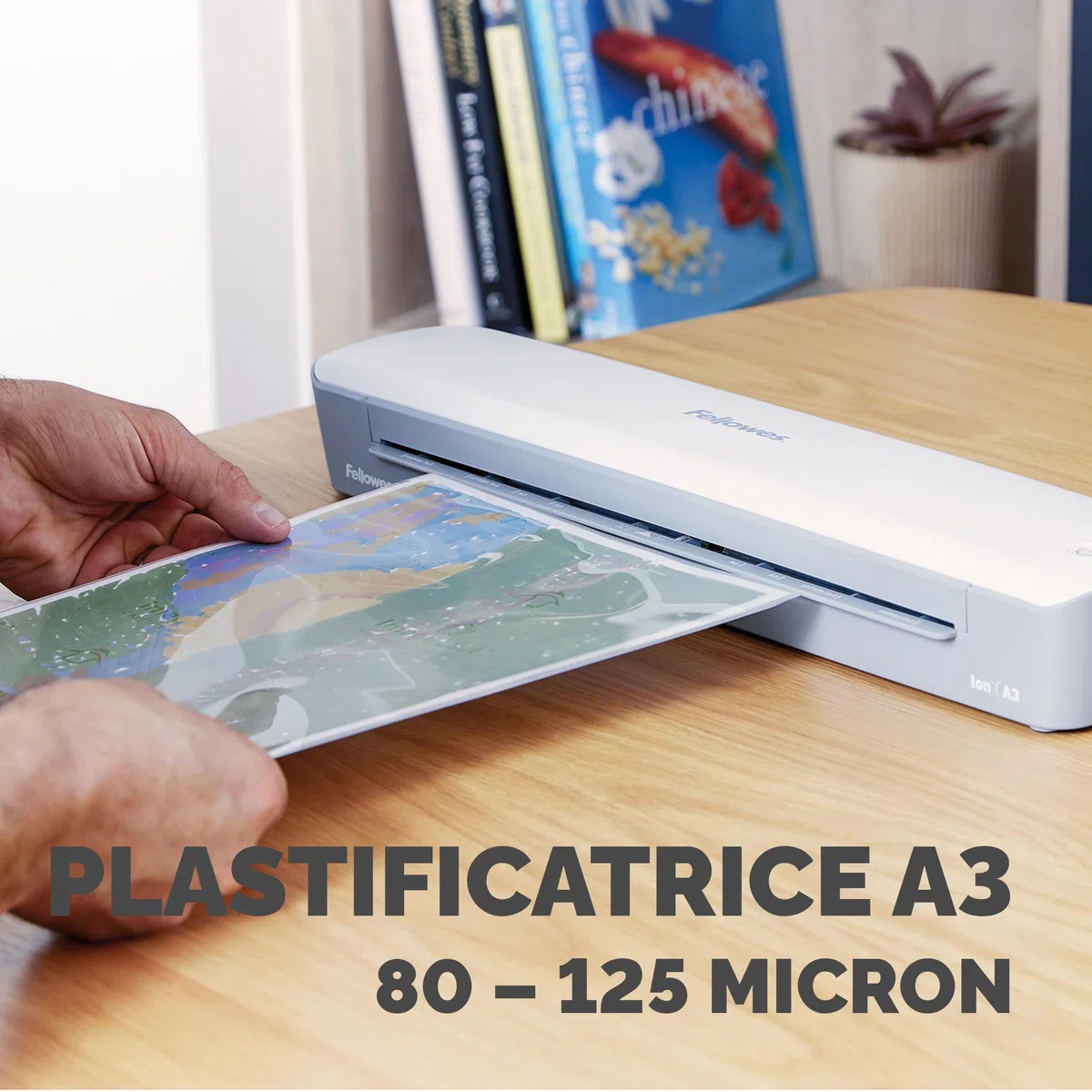 Fellowes plastificatrice Ion A3, formato A3, fino a 125 micron, per casa e ufficio, plastificatrice con leva di sblocco e modalità riposo, riscaldamento in 4 minuti, incluso starter pack di 10 pouches