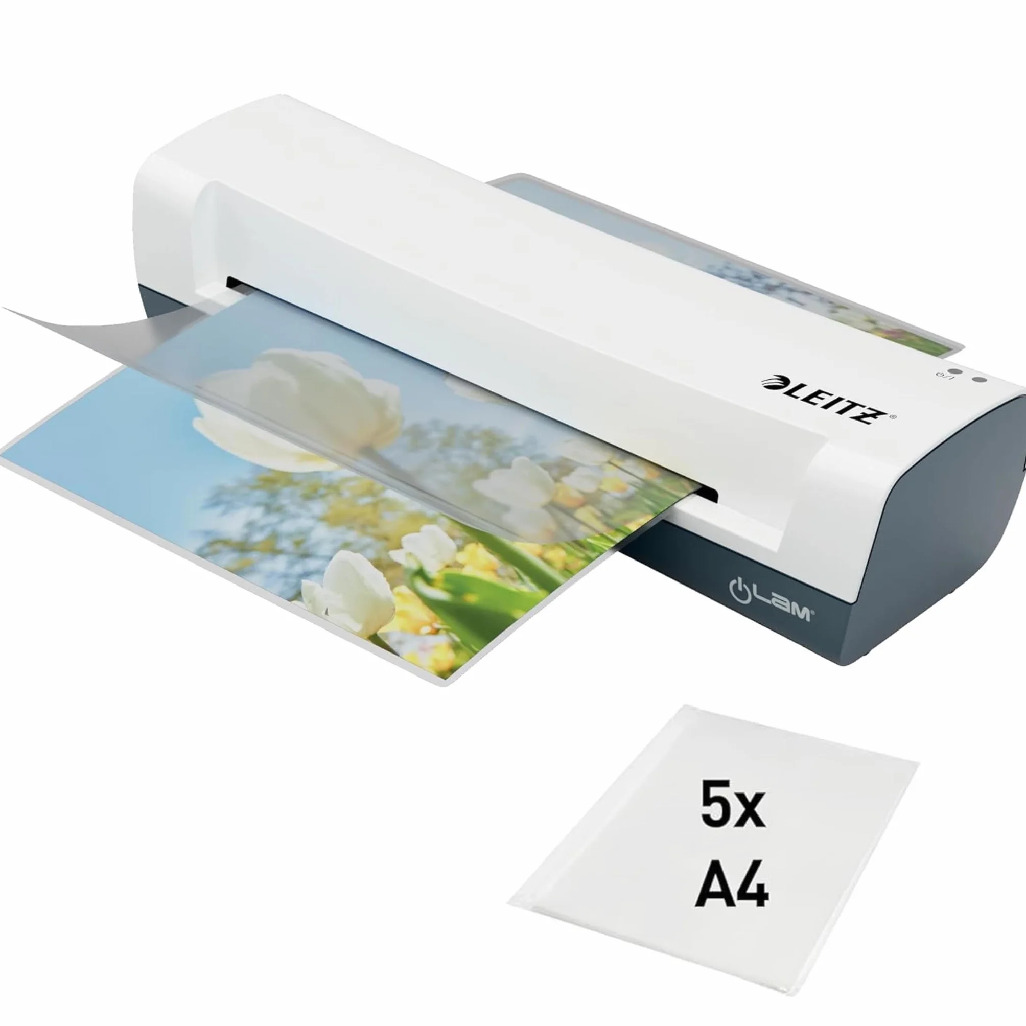 Leitz iLAM Home Plastificatrice A4, Tempo di Riscaldamento Rapido di 3 Minuti, Per Pouch da 75 a 125 micron, Include uno Starter Pack, Bianca, 74310001